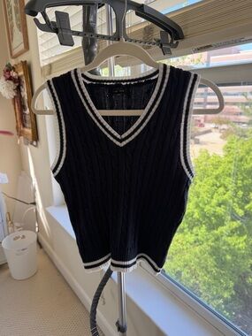 Love Tree Navy Blue Cable Knit V-Neck Sweater Vest with White Trim